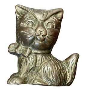 Vintage Brass Kitten Sitting Cat Figure Taiwan For Action Paperweight MCM Metal